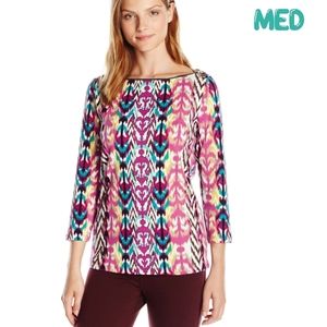 Rafaella Multicolored Zipper Accent Neckline Abstract 3/4 Sleeve Top Women Med